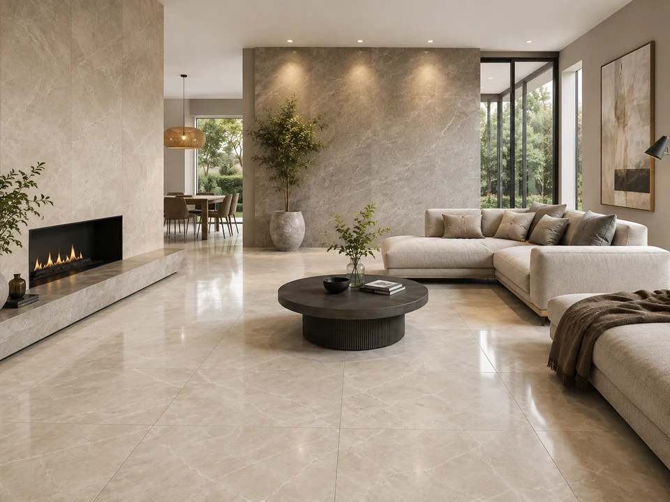 Sala moderna con piso de porcelanato beige de Ceramyn Porcelanatos en Lima